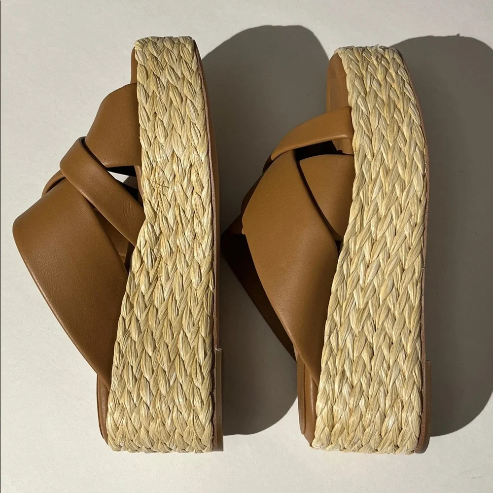Andre Assous Calesa wedge sandals camel leather espadrilles platforms sz 39 NEW!